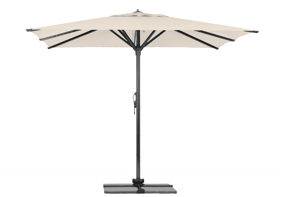 Parasol Rio + Housse + Pied en croix Géant Terrasse Piscine Jardin Plage Droit Carré 400x400 Polyester Gris foncé mât Ecru avec events