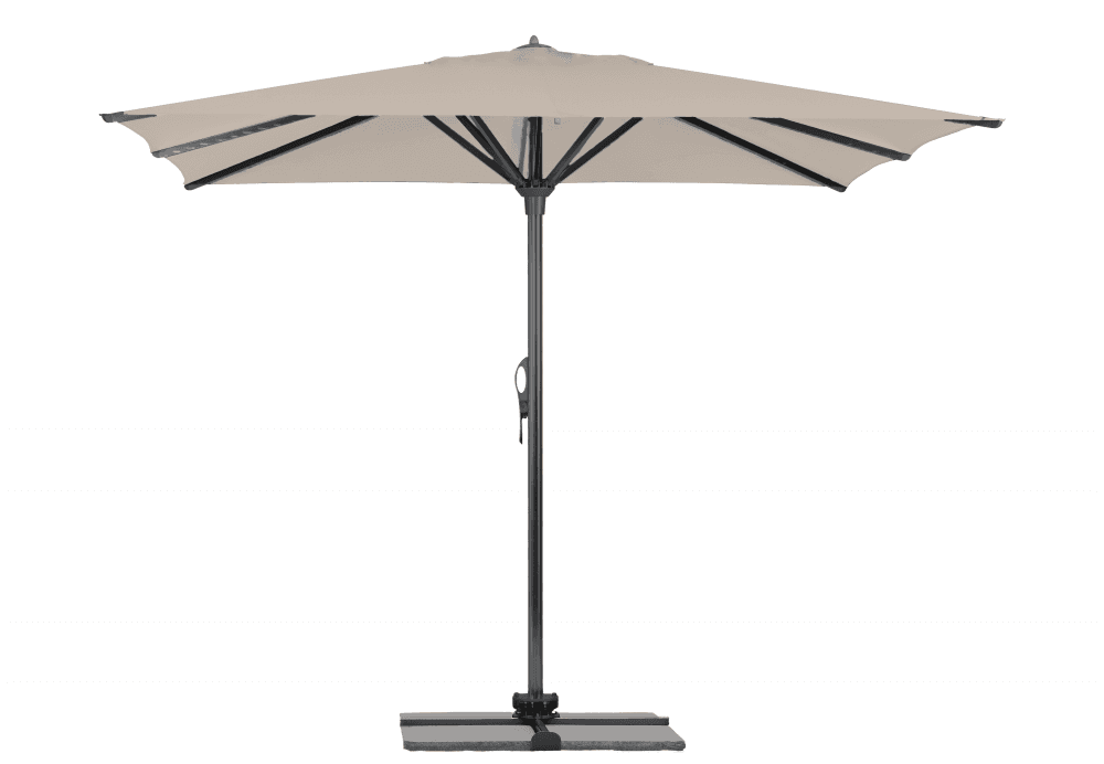 Parasol Rio + Housse + Pied en croix Géant Terrasse Piscine Jardin Plage Droit Carré 400x400 Acrylique relax Sand Gris foncé mât