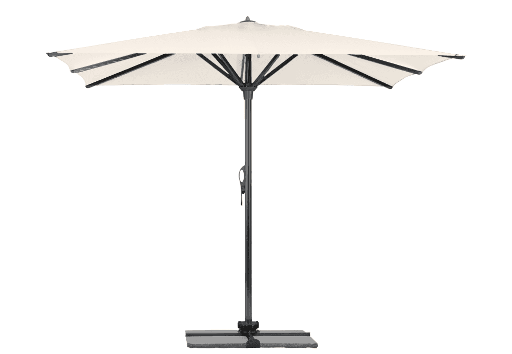 Parasol Rio + Housse + Pied en croix Géant Terrasse Piscine Jardin Plage Droit Carré 400x400 Acrylique sunbrella premium Natural Gris foncé mât